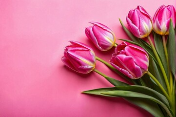 Obraz premium Three pink tulips are arranged in a row on a pink background