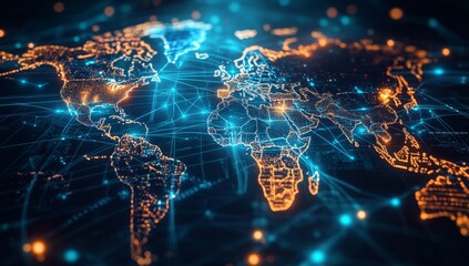 Global network connections, digital world map, data flow, glowing lines, background blur, website banner