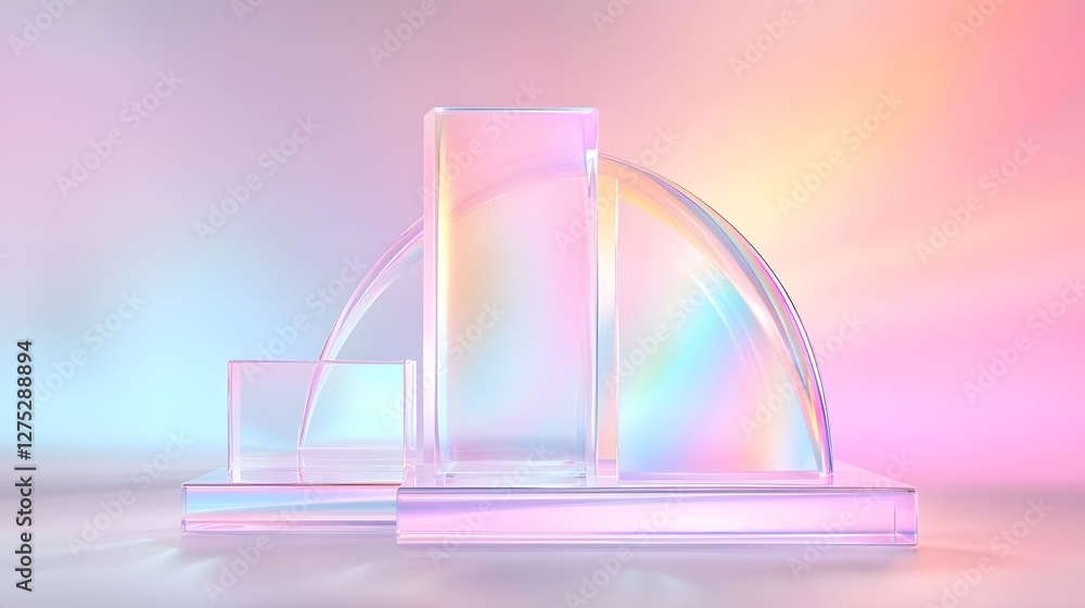 Poster ethereal and modern surreal display with three crystal clear glass podiums set against a fluid paste
