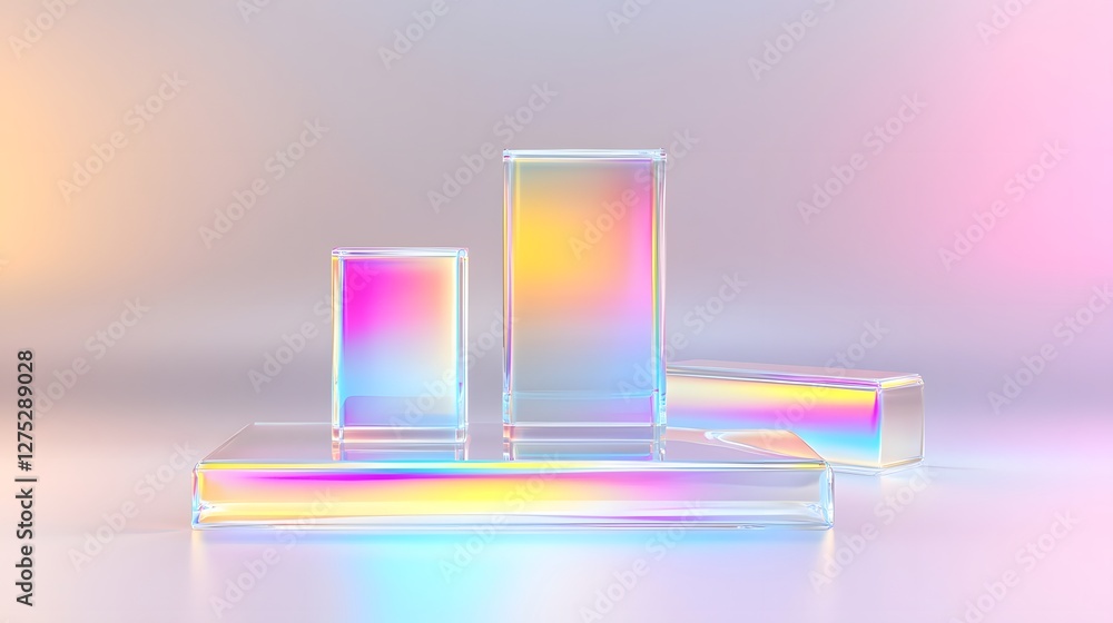 Aufkleber Visually captivating abstract dreamscape featuring three floating clear glass podiums standing gracefully in a pastel toned holographic environment reflecting gentle prismatic light