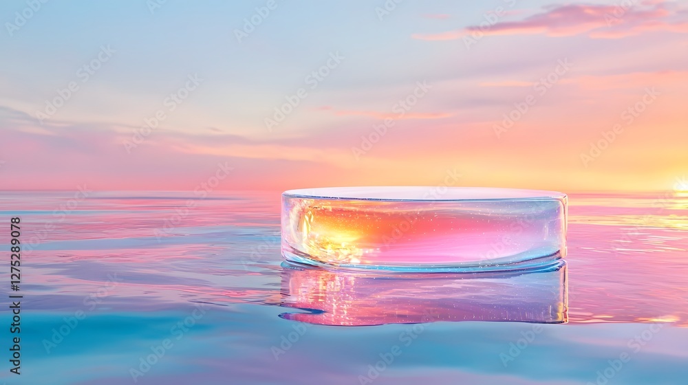 Poster Mesmerizing abstract display featuring three delicate glass podiums placed on a futuristic iridescent pastel stage