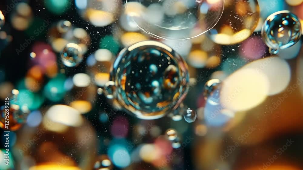 Poster vibrant bubbles floating in a colorful atmosphere with shimmering lights illuminating the scene
