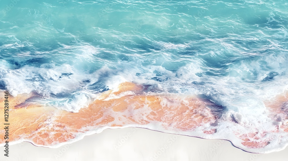 Poster captivating top down view of abstract beachscape with vibrant orange shores and crystalline blue wav