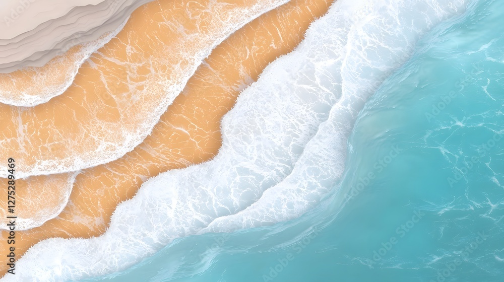 Poster a captivating top down view of an abstract beachscape where vivid orange shorelines and crystal blue