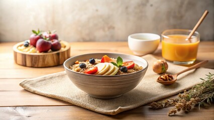 A delightful and nutritious breakfast bowl brimming with crunchy granola, sweet berries, and thinly sliced apples, accompanied by a side of fresh fruit and a refreshing citrus beverage.