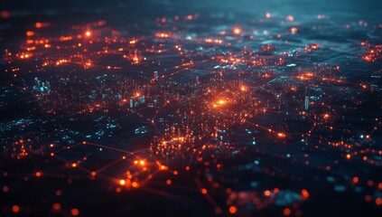 Global network city glowing night digital map