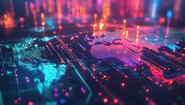 Global network data flow, city lights background, digital map