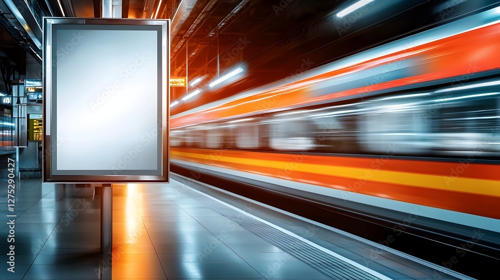Poster a futuristic and vibrant subway station with a sleek modern train moving past in a smooth blur light