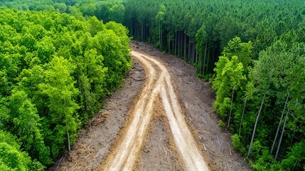 Obraz premium Aerial View of Clear-Cut Forest and Dirt Road in Green Landscape