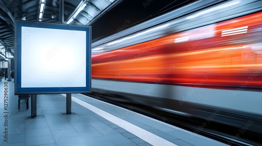 Aufkleber Visually striking subway scene featuring a high speed train blurred in motion as it passes through the station leaving behind glowing streaks of light