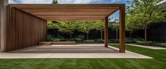 Modern outdoor shelter with wooden structure and lush greenery during daytime