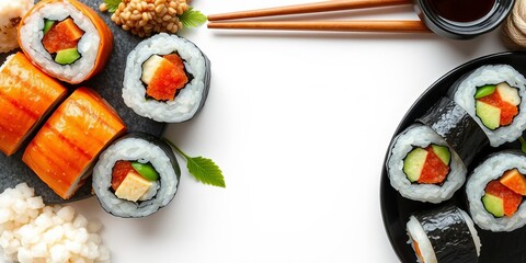 Close-up top view of assorted sushi rolls garnished with masaga caviar, arranged in a unique and artistic composition, composition, masaga caviar