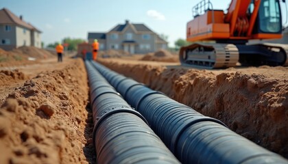 Sewer pipes installation site in new residential area. Plastic drainage pipes lie in trench. Orange excavator, construction workers in background. Underground infrastructure, civil engineering,