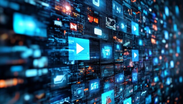 Digital video wall streaming data, futuristic tech background - Powered by Adobe