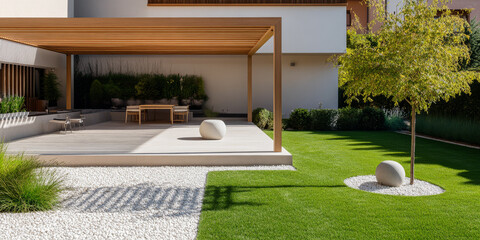 Modern garden design with wooden pergola and minimalist landscaping features in sunny weather