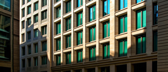 Obraz premium Modern architecture features reflective glass windows in urban setting under sunlight