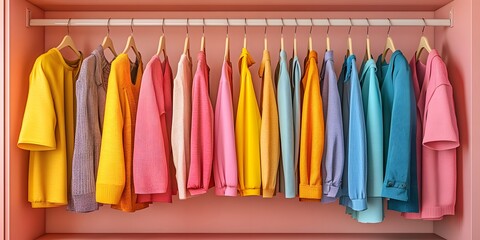 Colorful Clothes Hanging in a Pink Closet