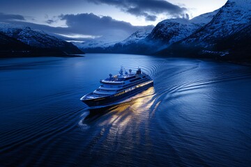 Luxurious Cruise Ship Navigates a Fjord at Twilight