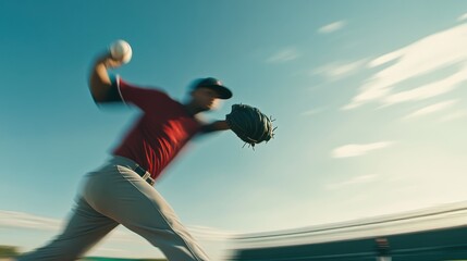 A baseball pitcher throwing a high fastball in a playoff game. Featuring speed and power