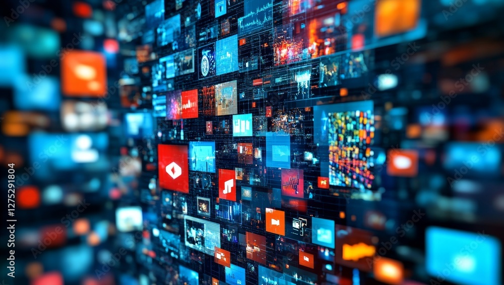 Fototapete Data streams flow across digital wall, showing global network activity