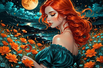 A woman with long red hair is standing in a field of flowers