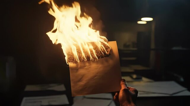 A hand holds a burning paper amidst a dark and intense atmosphere.