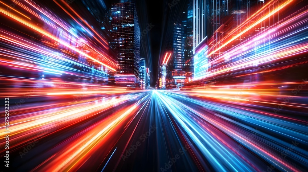 Poster dazzling futuristic city intersection with neon cyberpunk style motion blur of electric blue and red