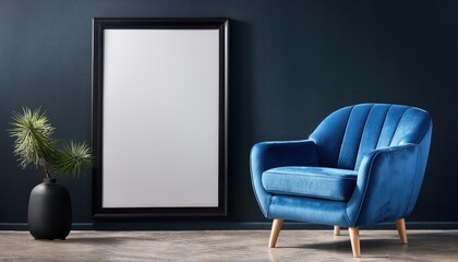 Black Vertical Frame Mockup against Dark Wall Stark Contrast, Minimalist Masterpiece Radiating Elegance and Mystery in a Monochrome Palette