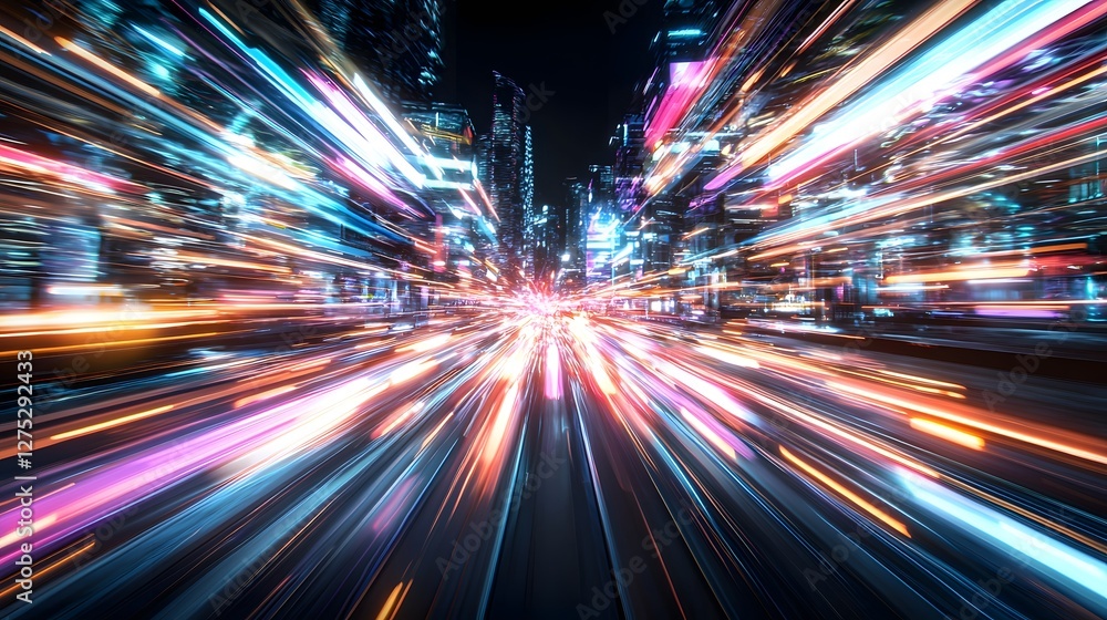 Poster an abstract and dynamic motion blur scene capturing a hyper fast futuristic transport system with gl