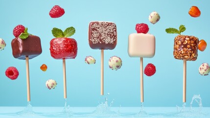 Colorful ice cream popsicles with splashes on a blue background, ideal for summer dessert promotions