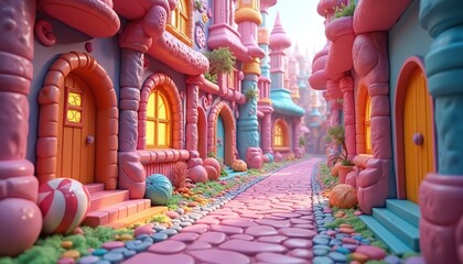 Fototapeta premium Magical candy town street with colorful buildings. Fantasy factory with pink walls, caramel windows, chocolate ornaments, sugar doors, lollipop. Sweet fairy tale architecture design, generative AI.