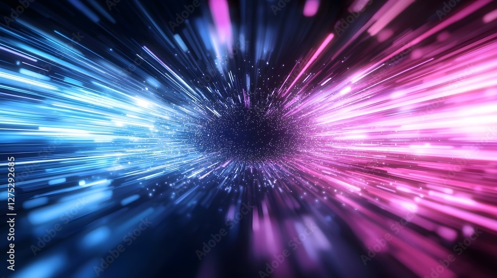 Poster surreal high speed perspective inside a neon lit tunnel glowing with electric blue red and purple li