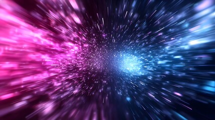 A high intensity abstract tunnel scene illuminated by cascading neon lights in a futuristic color palette with motion blur effects giving a sense of extreme speed and high energy movement