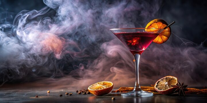 Aromatic cocktail in a martini glass with dried citrus and spice accents, set against a smoky, atmospheric backdrop
