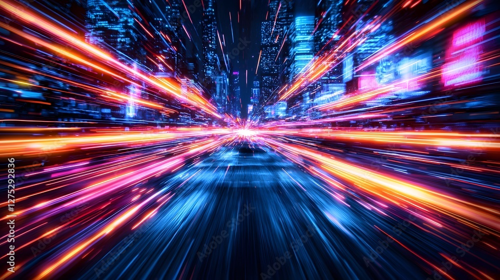 Poster A futuristic cityscape illuminated by streaks of neon lights from fast moving traffic with dynamic motion blur effects and glowing holographic billboards
