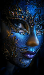 Mysterious blue masked woman with ornate details creating an elegant and intriguing portrait