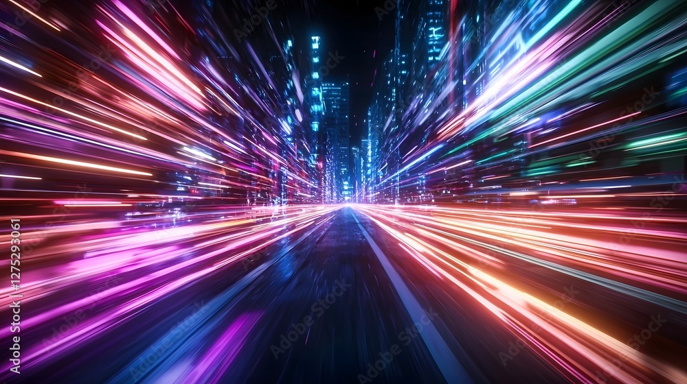 Poster neon infused highway at night capturing the essence of futuristic transportation with streaks of pin