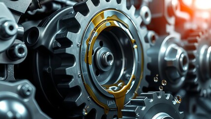 Close up of gears in industrial lubrication with shiny metal surfaces and oil splashes, mechanical, industrial