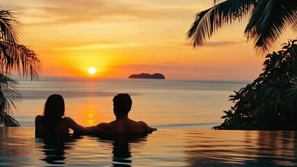 Tourists relax by the infinity pool watching a beautiful sunset over the ocean in a tropical paradise, A couple of tourists relax and enjoy the sunset by a tropical resort pool during a summer