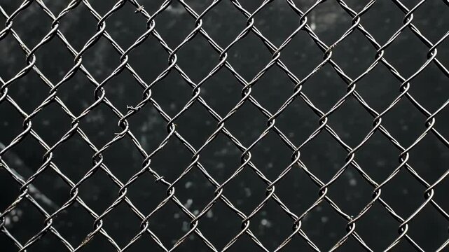 A close-up of a metal chain link fence against a dark background.