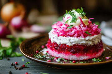 Traditional Russian "Herring under a Fur Coat" salad with beets and mayonnaise.