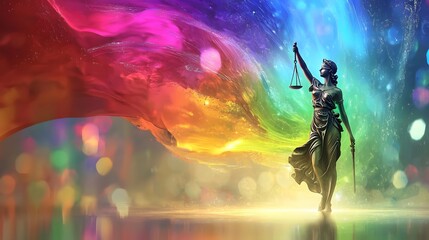 Iconic Goddess of Justice representing impartial fairness and balance stands tall in front of a flowing