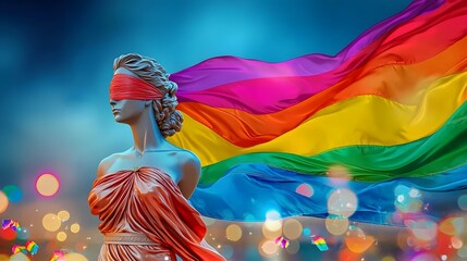 Fototapeta premium and digital depicting the allegorical figure of Justice or Justitia blindfolded and representing fairness and the law with a vibrant flowing rainbow pride flag waving dynamically behind