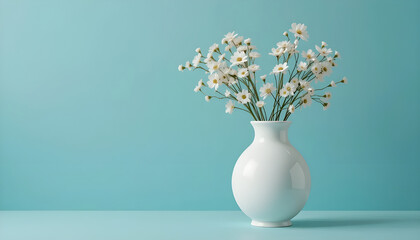 White Flowers in a Ceramic Vase Against a Teal Background
