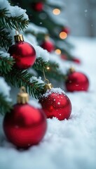 Red glass ornaments scattered across the snow covered pine branch, red balls, festive decor, winter ornaments