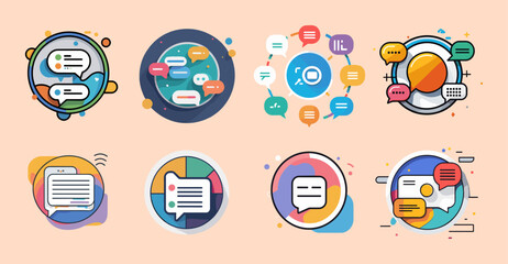 Sets icon collection of colorful circular infographic icons related to communication, messaging, and data analysis, each with unique designs and elements on a white background