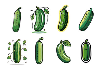 Sets icon collection of cartoon style illustrations cucumbers with different expressions, leaves, and shades of green, creating a playful and vibrant visual