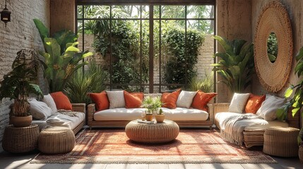 Obraz premium Sunlit Bohemian Living Room Oasis With Lush Greenery