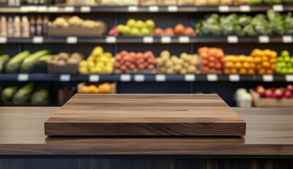 Naklejka premium Wooden counter display, produce market backdrop