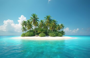 White sand meets clear turquoise ocean water. Lush palm trees adorn tropical island. Blue sky. Exotic scenic seascape view on vacation. Summer holiday paradise resort.